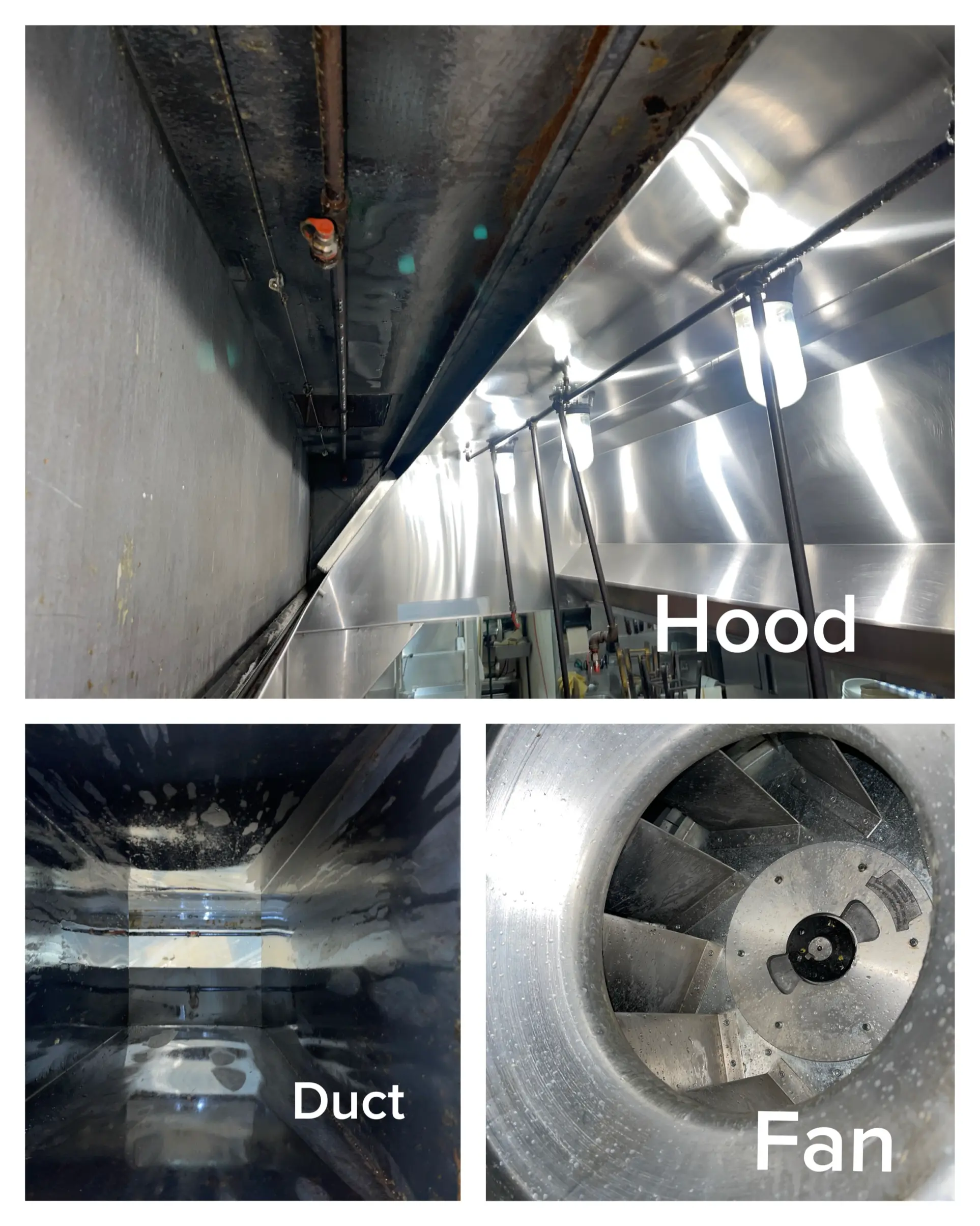 Before and after collage of a commercial kitchen exhaust system showing a clean hood, degreased ductwork, and a clean rooftop exhaust fan